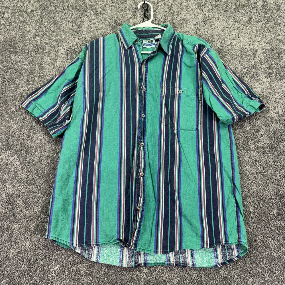 Vtg Denim Express Shirt Mens Medium Green Striped Short Sleeve Button Up Casual